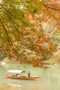 อาราชิยาม่า นั่งเรือล่องแม่น้ำ Hozugawa ขึ้นรถราง Sagano ชมใบไม้เปลี่ยนสีที่ Arashiyama เกียวโต ประเทศญี่ปุ่น
